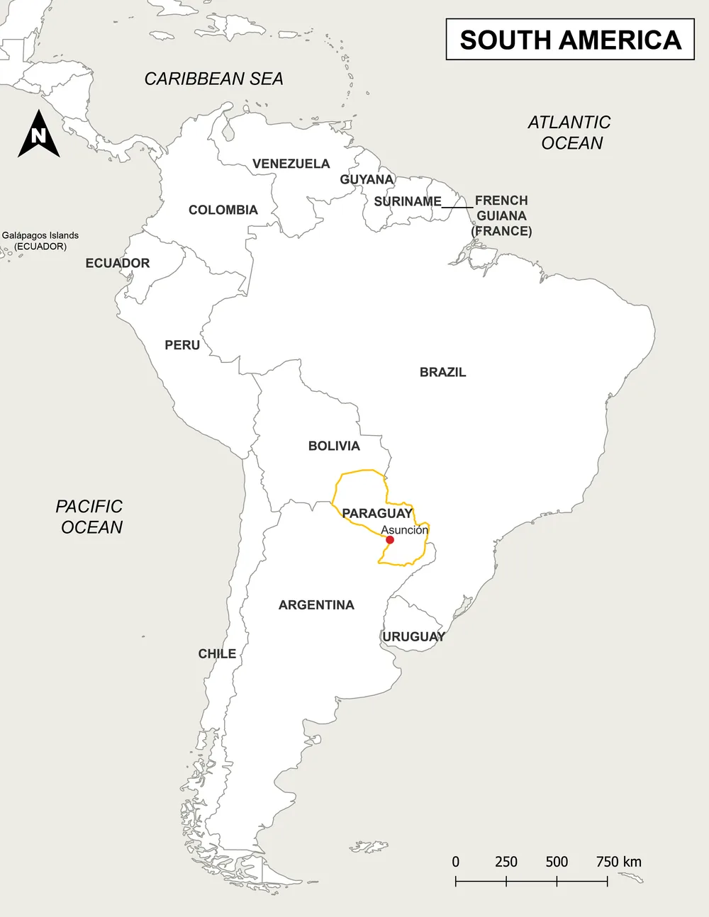Mapa de Sudamérica que ubica a Paraguay y su capital, Asunción